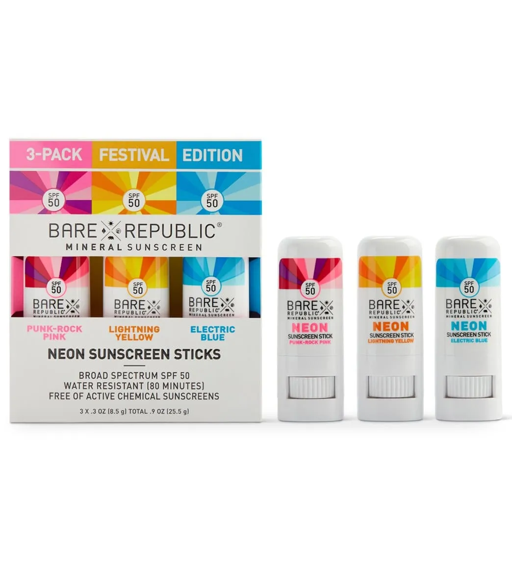 BARE Republic Mineral Neon SPF 50 Color Sport Stick 3 Pack