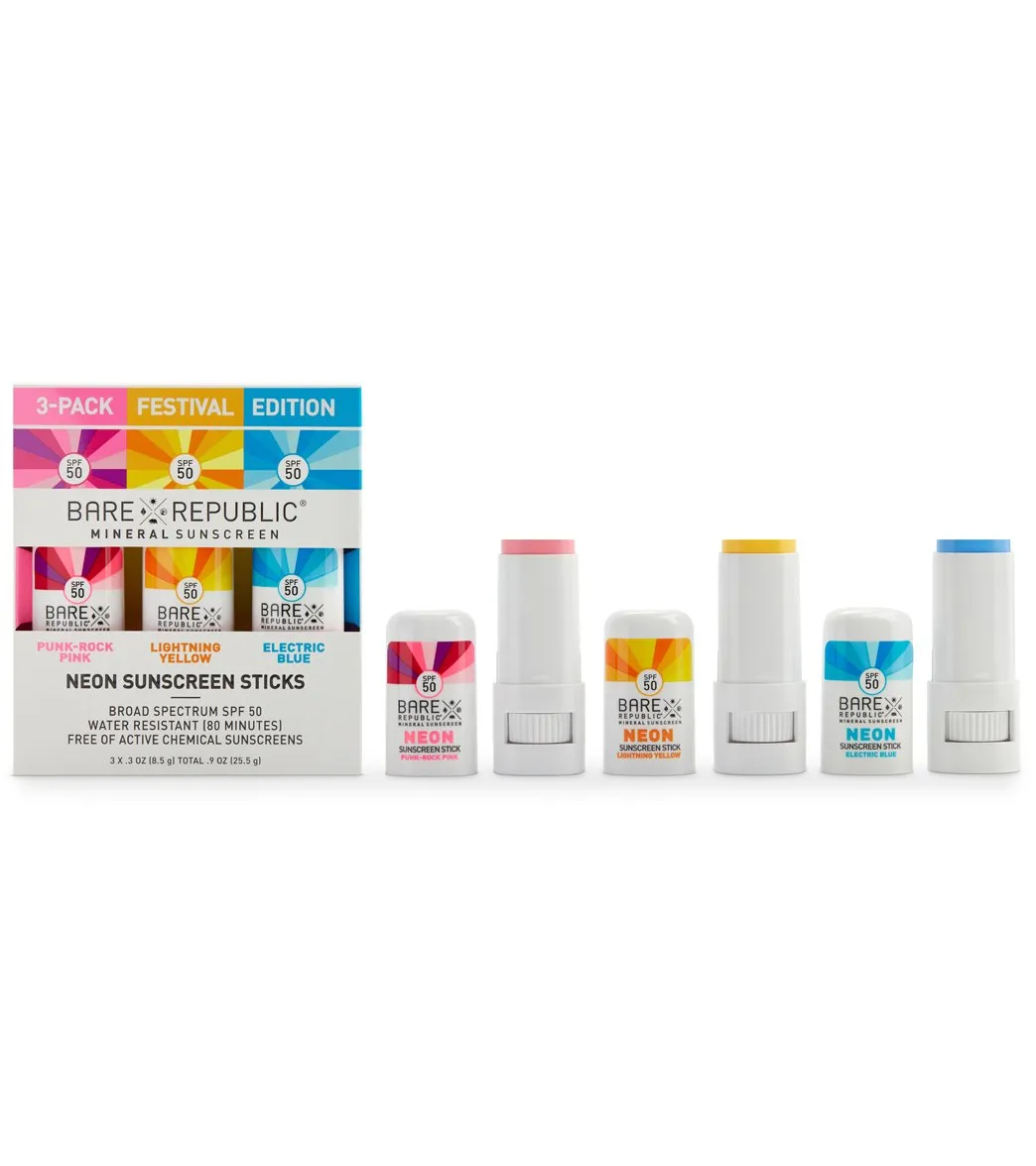 BARE Republic Mineral Neon SPF 50 Color Sport Stick 3 Pack