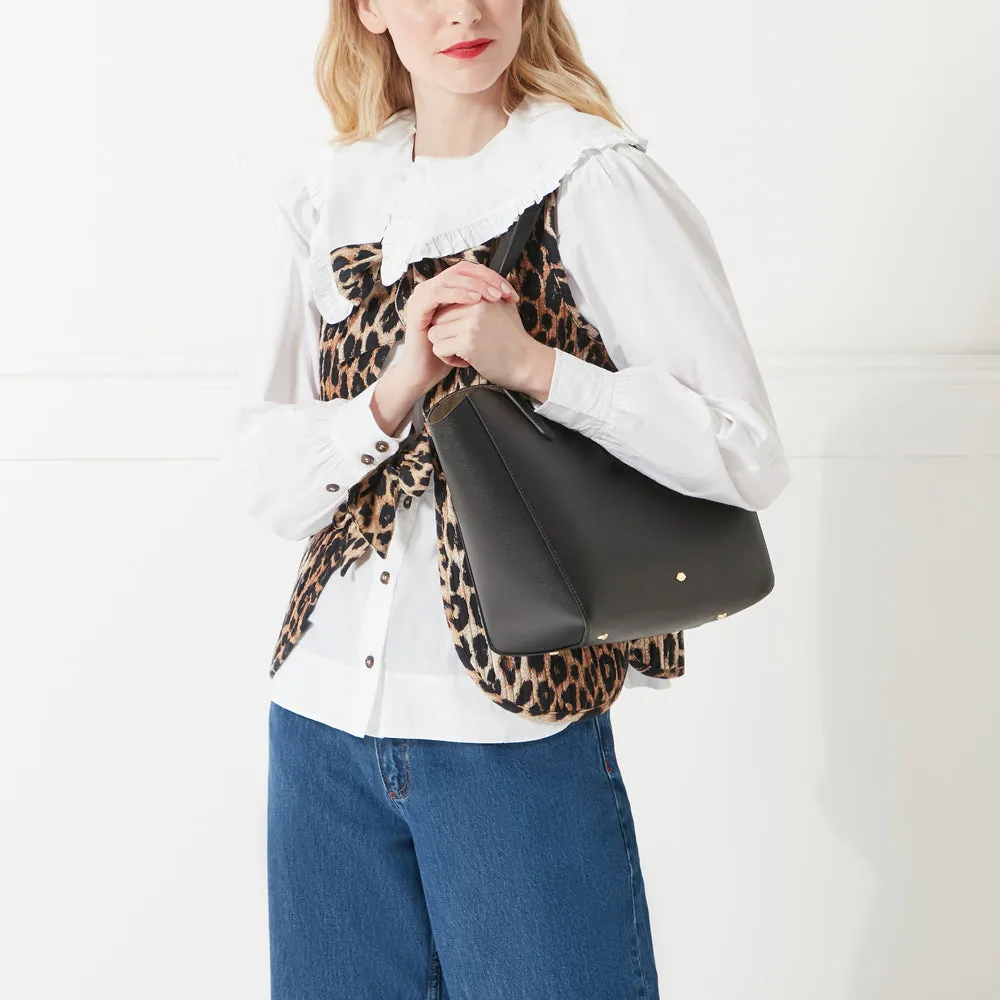 BLACK LEATHER DAISY TOTE BAG