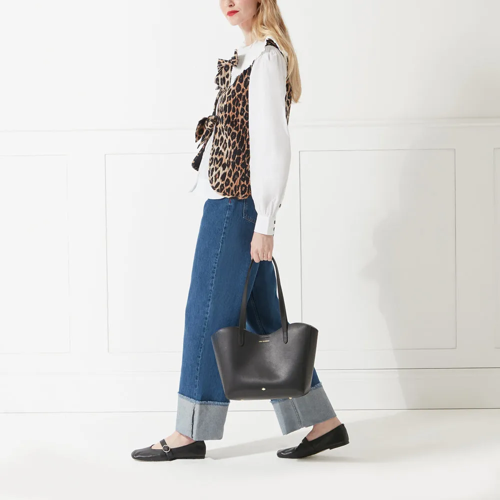BLACK LEATHER DAISY TOTE BAG