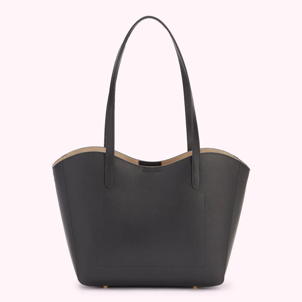 BLACK LEATHER DAISY TOTE BAG