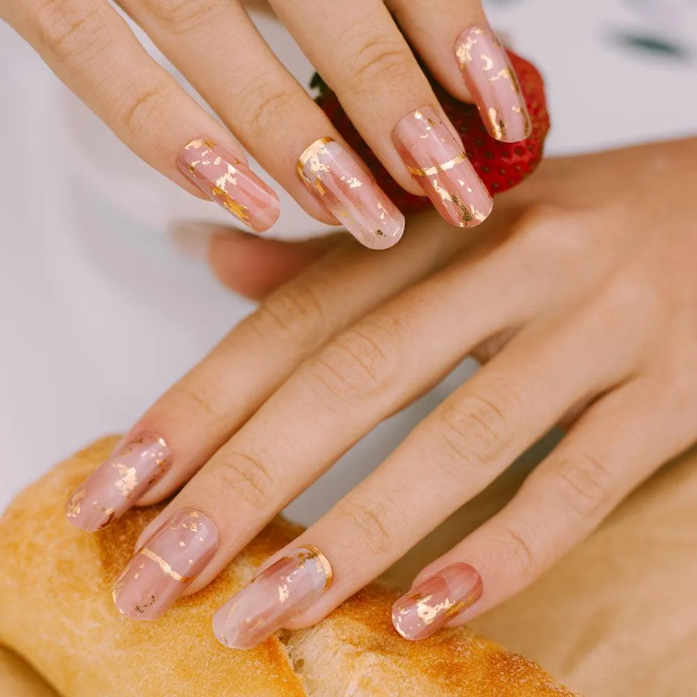 Golden Blush Marble Semi Cured Gel Nail Strips with Gold Leaf Accents | Metallic Sands - 9672