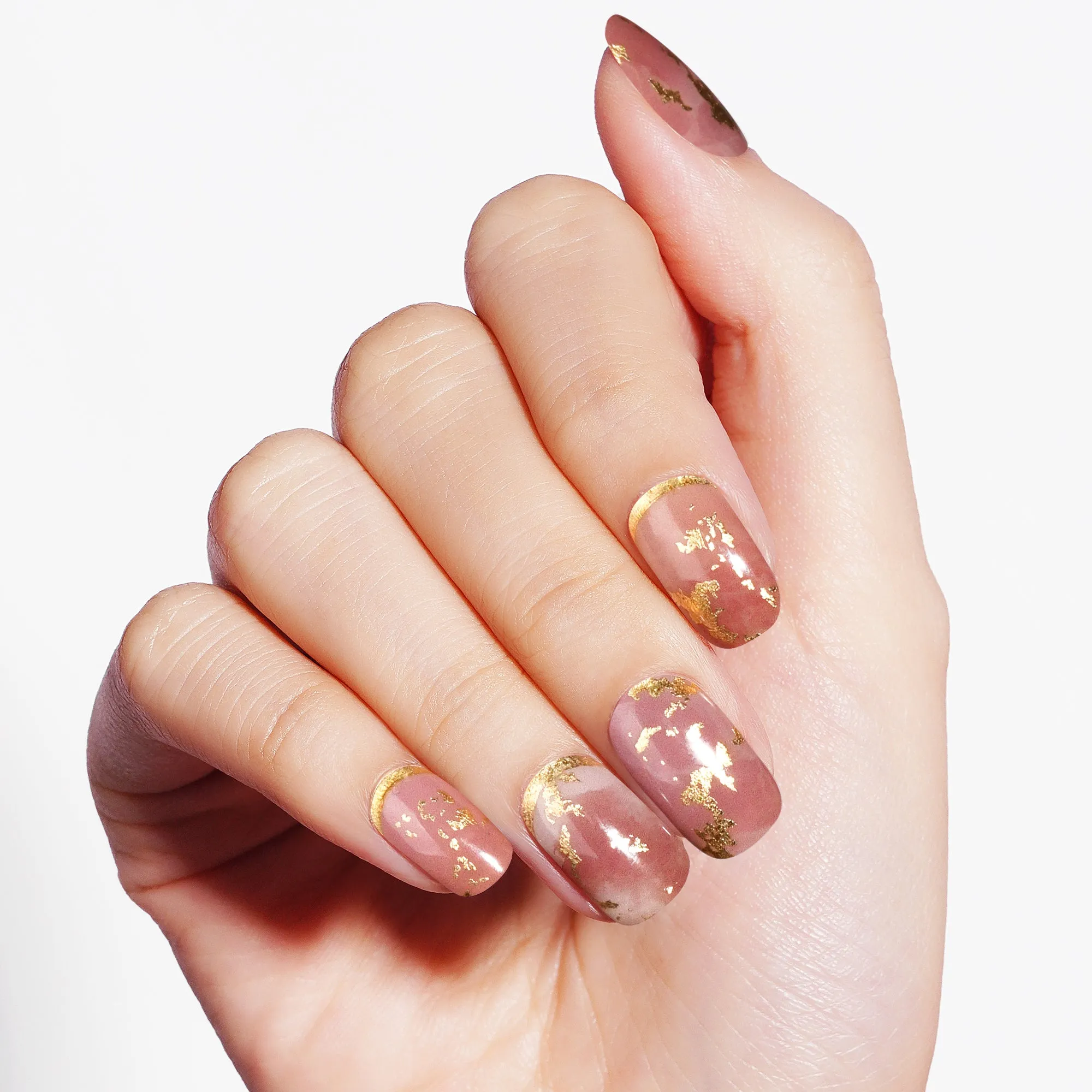Golden Blush Marble Semi Cured Gel Nail Strips with Gold Leaf Accents | Metallic Sands - 9672