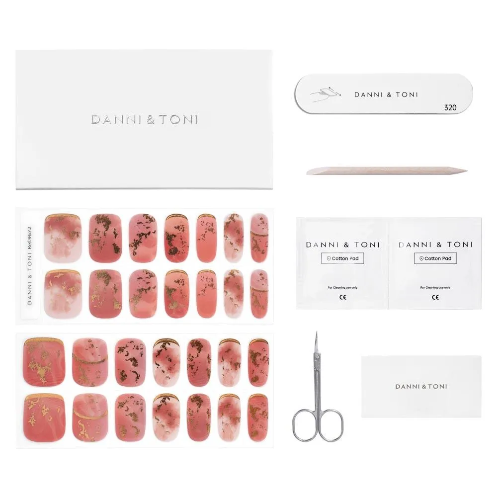 Golden Blush Marble Semi Cured Gel Nail Strips with Gold Leaf Accents | Metallic Sands - 9672