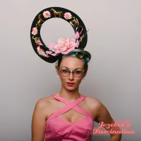 Golden Horse Floral Feather Fascinator Kentucky Derby Unique Race Show Feather Black Blush Pink Roses Headpiece Quirky Horses Hatinator Funny Garden Tea Party Hand Made Headwear Kitsch Novelty New Orleans
