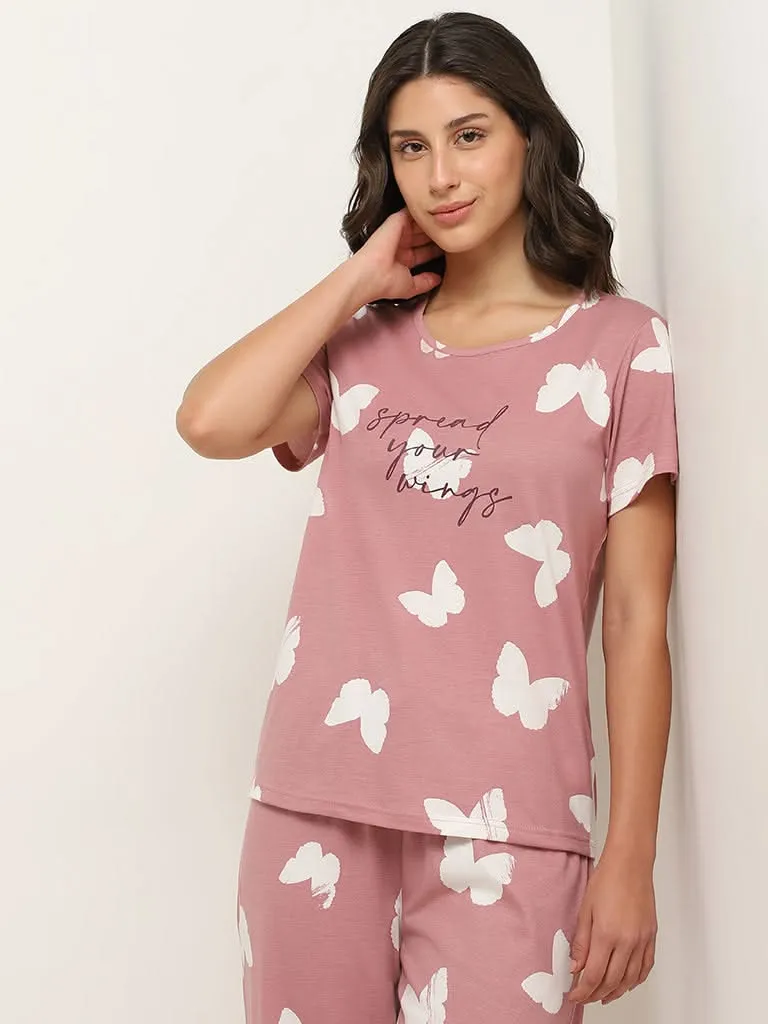 Wunderlove Blush Pink Butterfly Design Pyjamas Set In A Bag